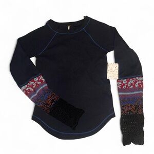 Free people black thermal top with embroidered sleeves nwt